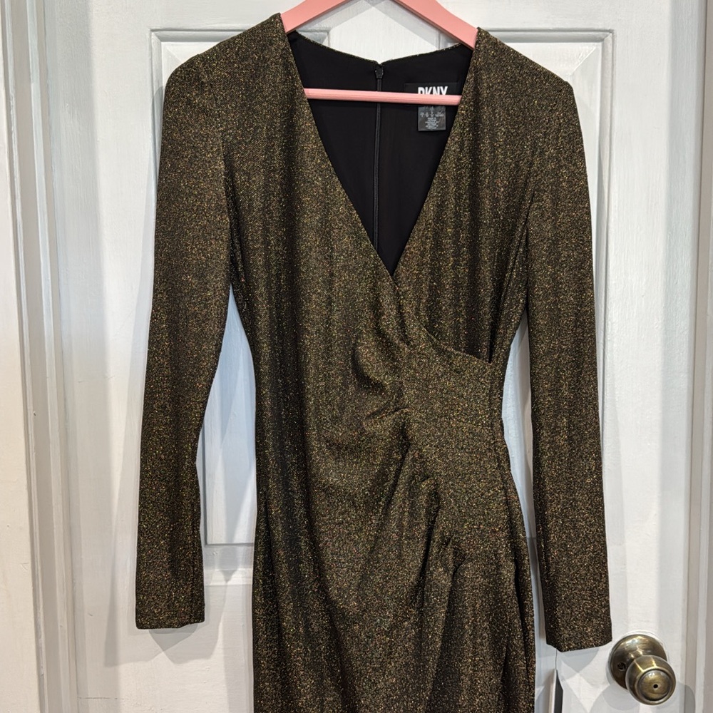 DKNY Green Ruched Wrap Long Sleeve Dress